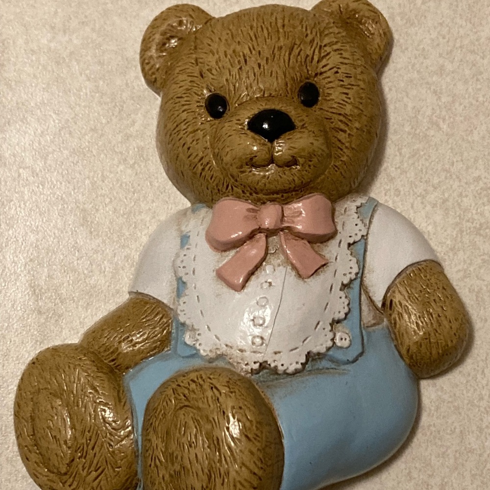 Vintage Burwood Teddy Bear in Overalls & a Tie Wall Hanging